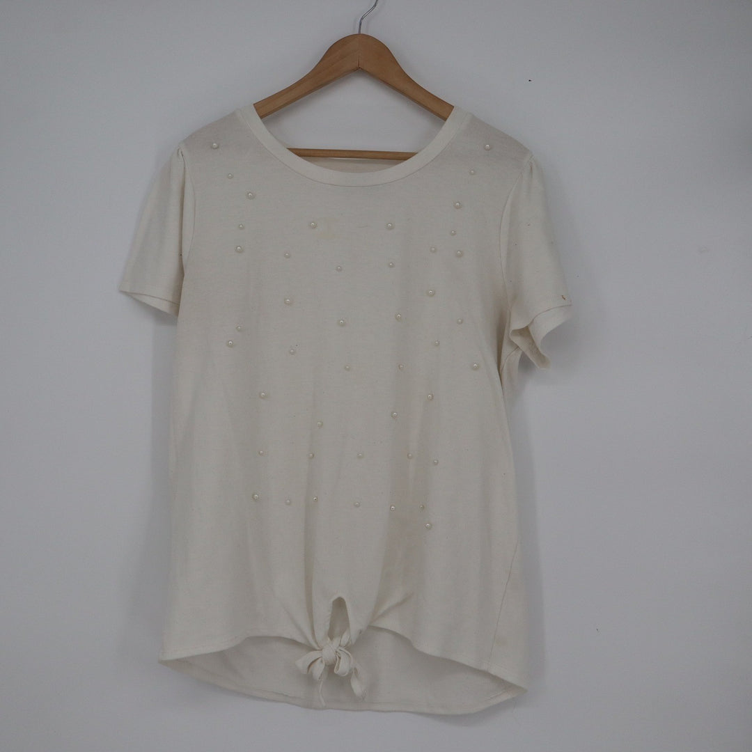 Urban Episode Cream Pearl Embellished Tie Front Short Sleeve Top XL