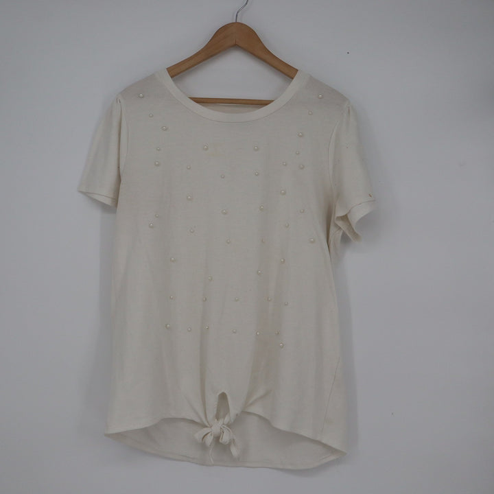 Urban Episode Cream Pearl Embellished Tie Front Short Sleeve Top XL
