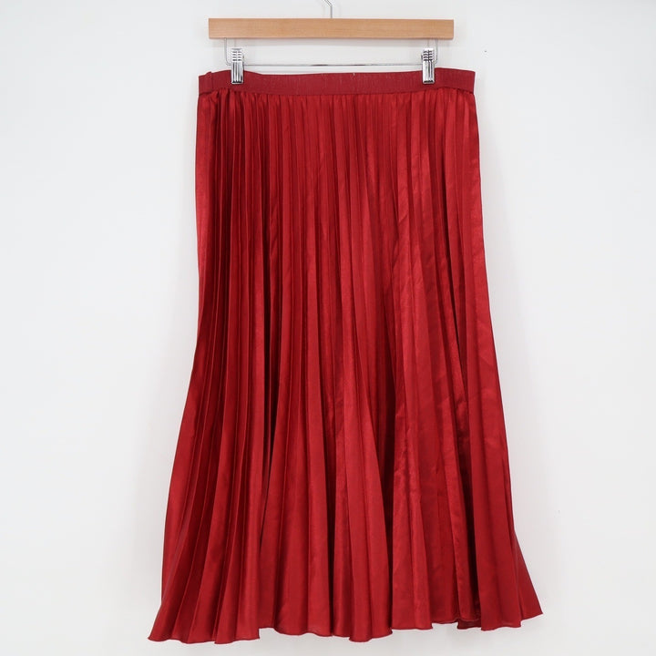Jaclyn Smith Red Pleated Midi Skirt Elastic Waist Satin Finish Size Large L