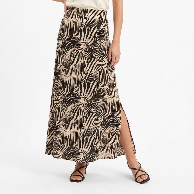 A-Line Midi Skirt Womens XS/S Black Beige Zebra Print Elastic Waist Front Slit