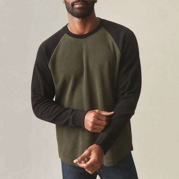 American Giant French Rib T-Shirt Mens L Olive Black Colorblock Raglan Sleeve