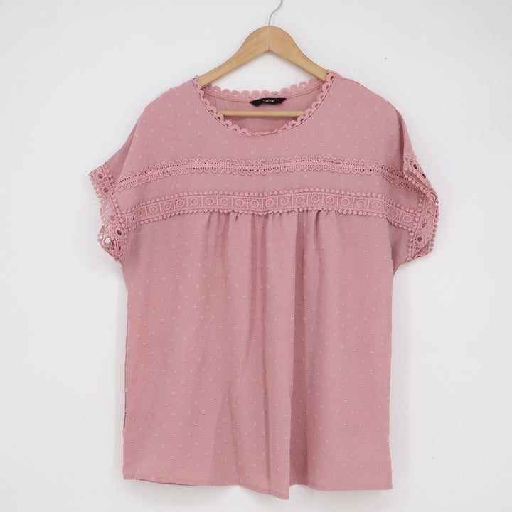 Dokotoo Womens L Dusty Rose Pink Swiss Dot Crochet Lace Button Back Blouse Top