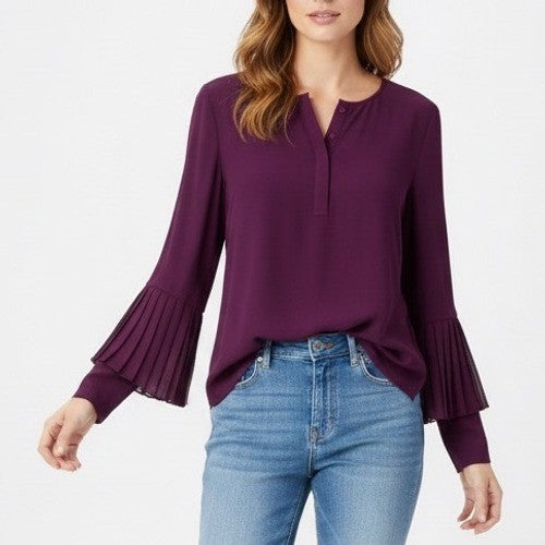 Chicos Tunic Top Women 12/14 Purple Pleated Bell Sleeves Round Neck High Low Hem