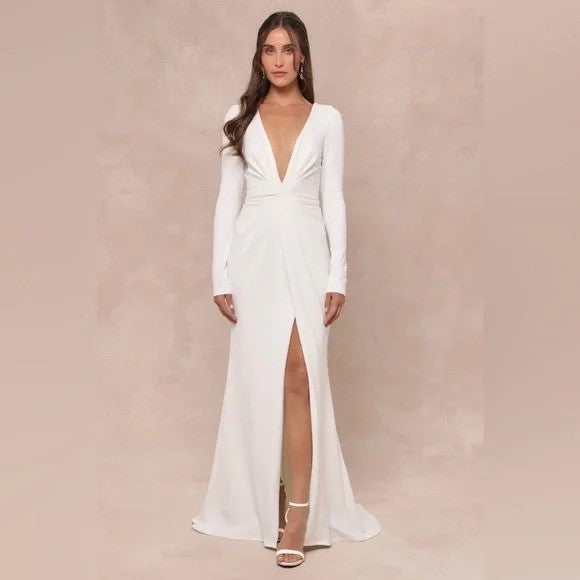 Lulus Stunning Romance White Long Sleeve Mermaid Maxi Dress Size S