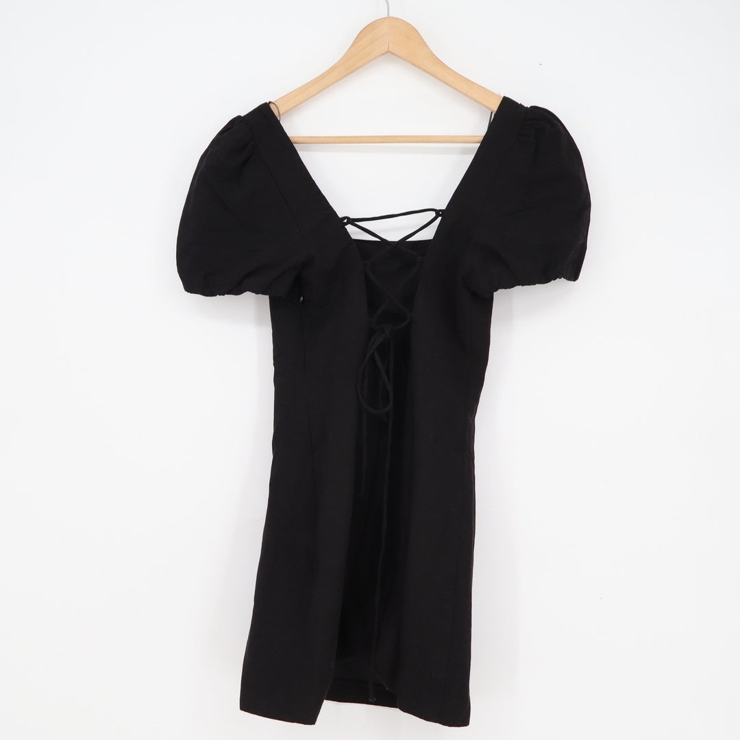Zara Black Puff Sleeve Lace Up Back Mini Dress Square Neck Linen Blend Size M