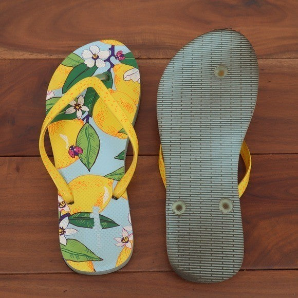 Vera Bradley Lemon Floral Ladybug Flip Flops Yellow Blue Women Size 8