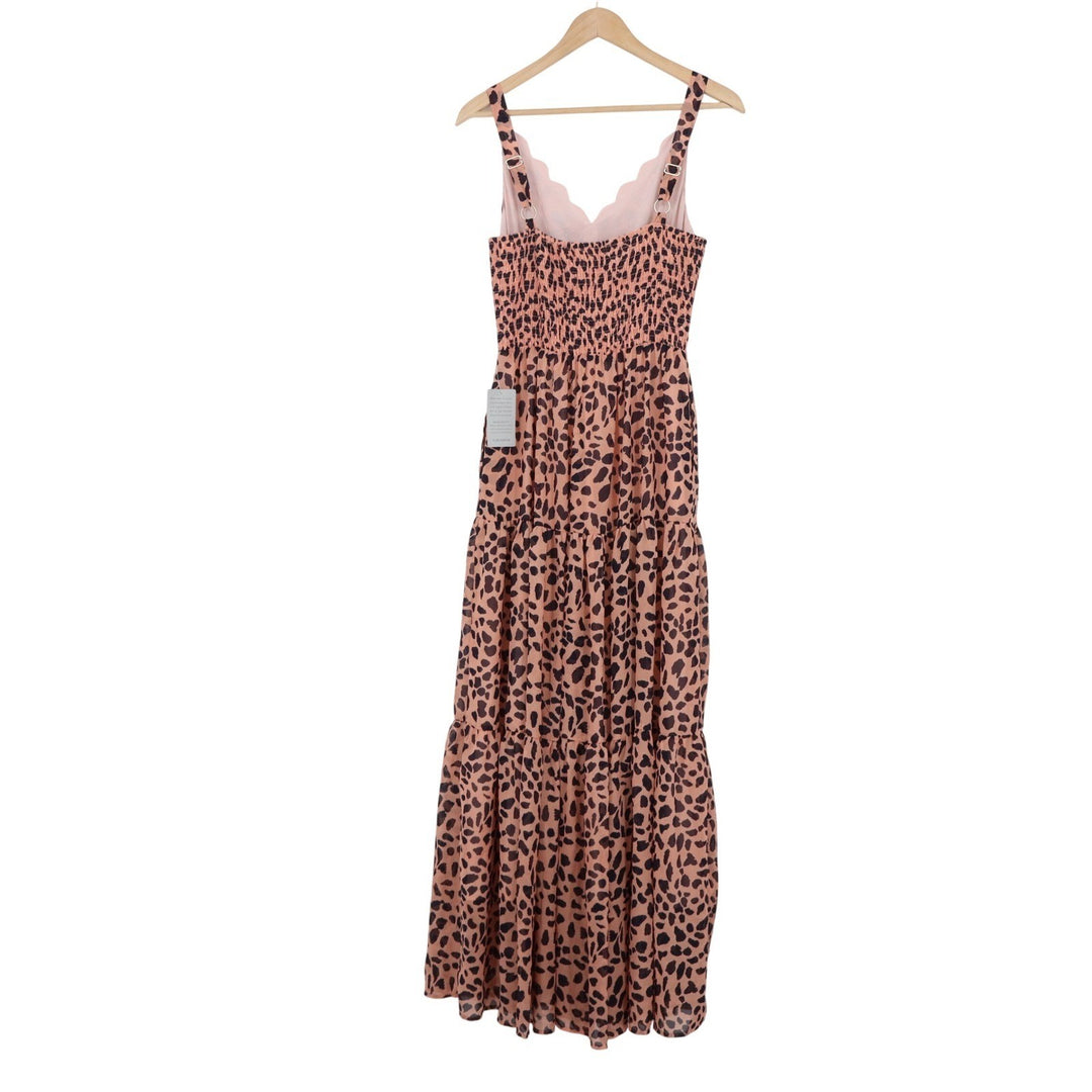 Melloday Leopard Print Scalloped Tiered Maxi Dress Pink Black M