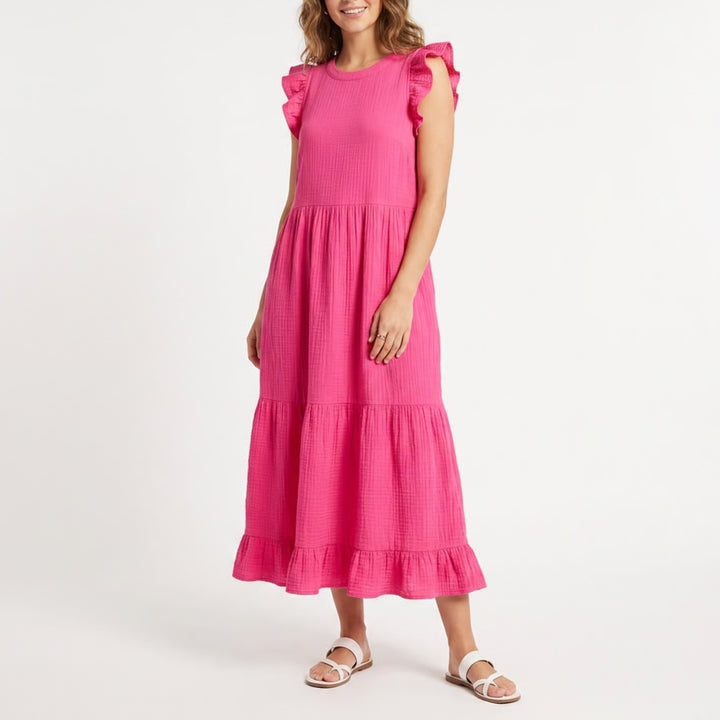 Universal Thread Pink Cotton Gauze Tiered Maxi Dress Ruffle Sleeveless Medium