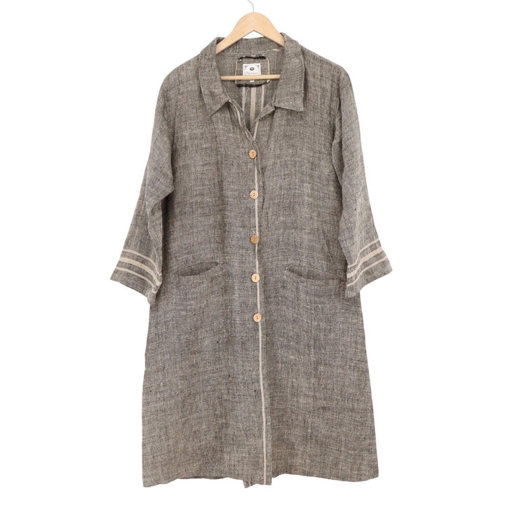 Namsar Grey 100% Linen Button Front Duster Shirt Dress Stripe Detail S/M India