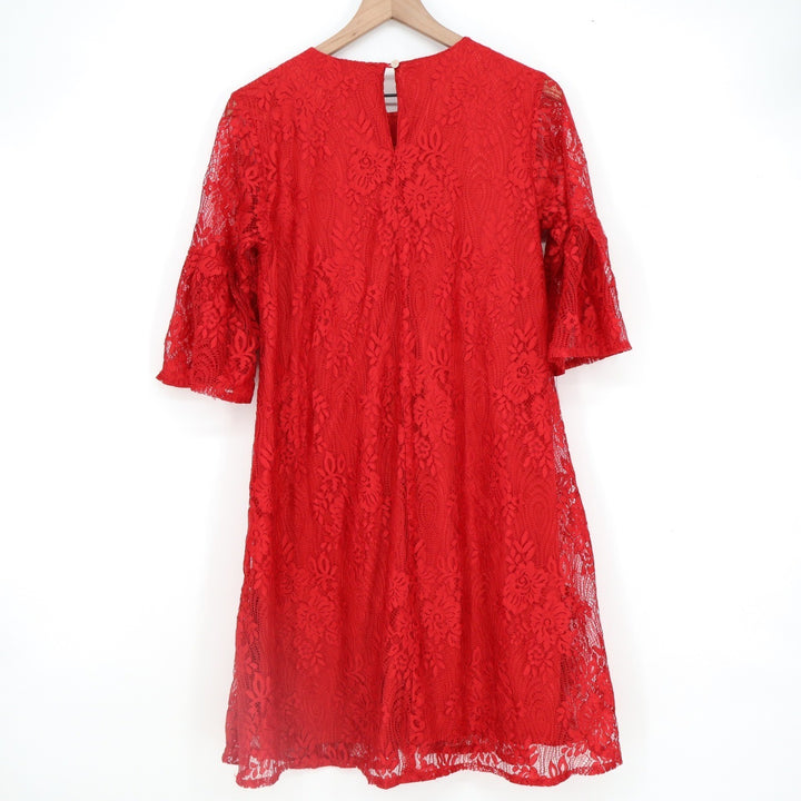 K Red Floral Lace Bell Sleeve Shift Dress Womens Large Knee Length