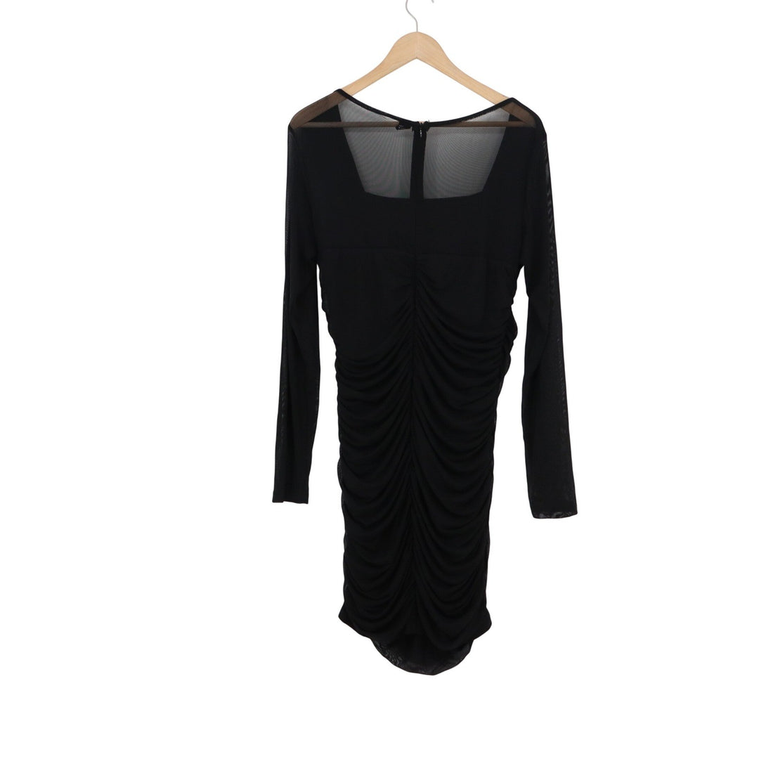 Anrabess Black Ruched Bodycon Mini Dress XL Long Mesh Sleeve Square Neck LBD