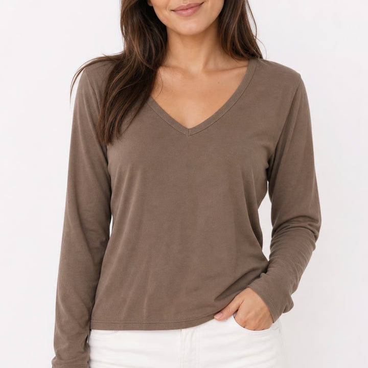 Old Navy Everywear Womens Medium Brown V-Neck Long Sleeve Cotton T-Shirt