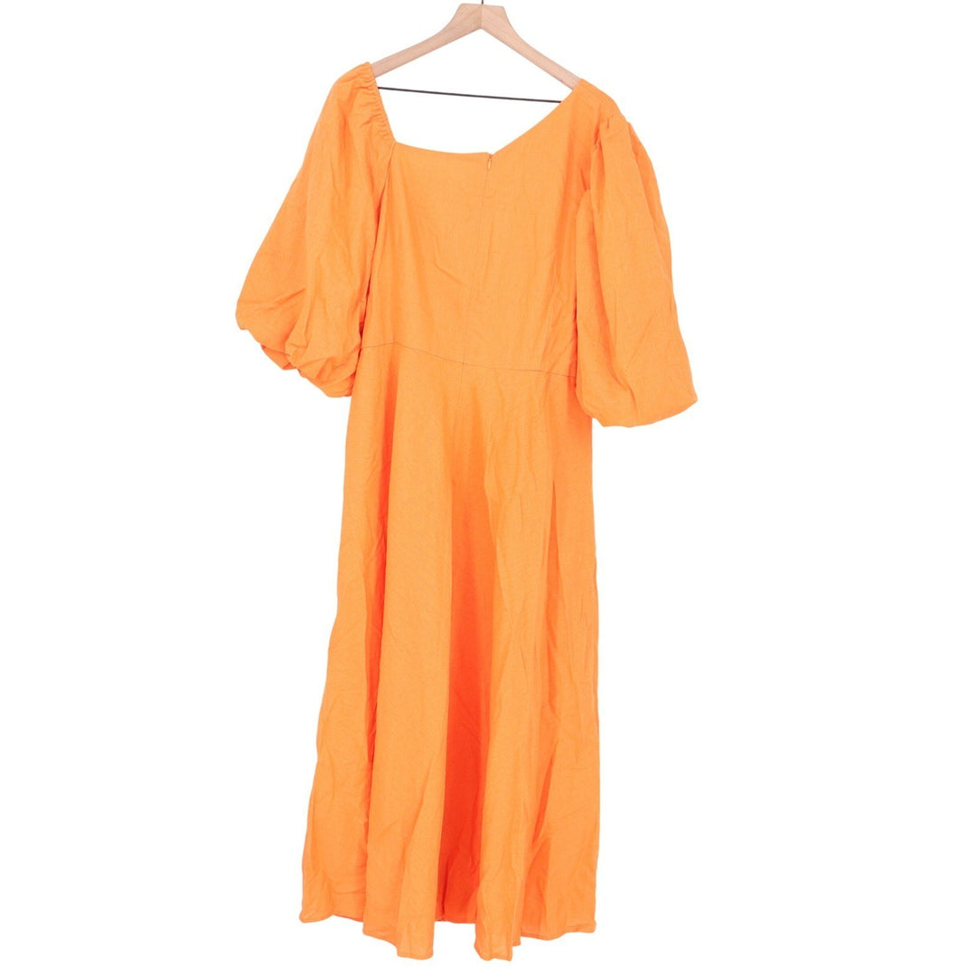 Showpo Rhyne Midi Dress Papaya Orange Asymmetric Puff Sleeve Cut Out US 16 NEW