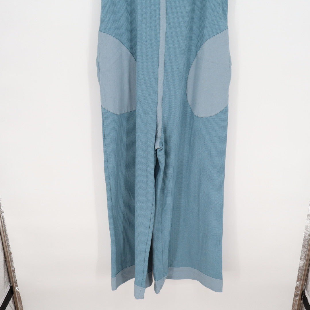 WIHOLL Blue Waffle Knit Jumpsuit Wide Leg Cropped Tie Back Size L