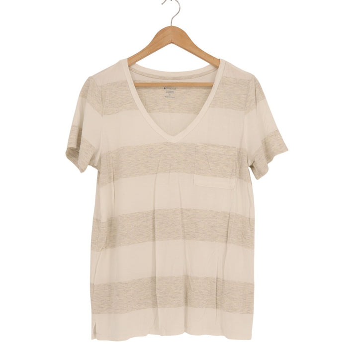 Market & Spruce T Shirt Womens Medium Off White Gray Striped Rayon Stretch Top