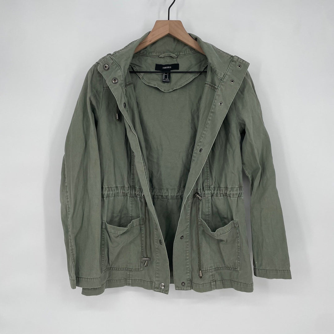 Forever 21 Utility Jacket Olive Green Hooded Drawstring Pockets Size S