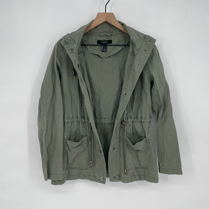 Forever 21 Utility Jacket Olive Green Hooded Drawstring Pockets Size S