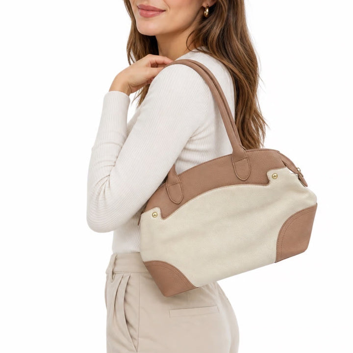 Bueno Two Tone Cream Tan Pebbled Faux Leather Shoulder Bag Gold Hardware
