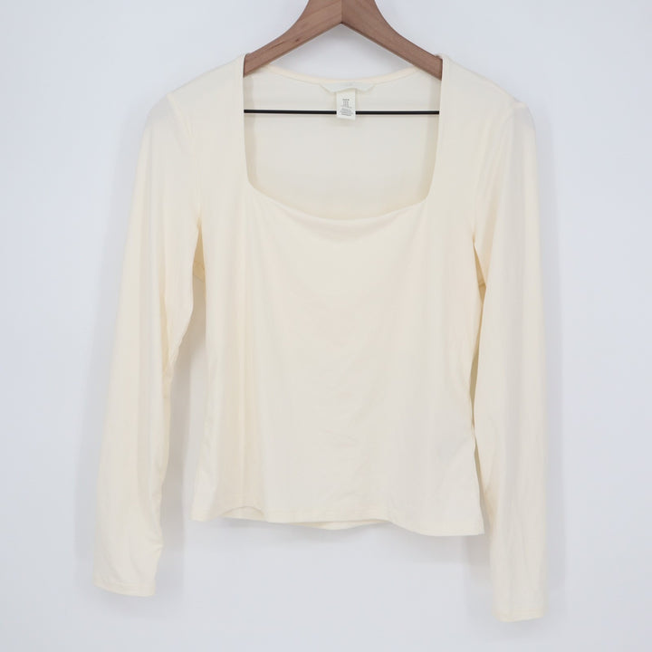 H&M Crop T-Shirt Womens Medium Ivory Stretch Square Neck Long Sleeve Pullover