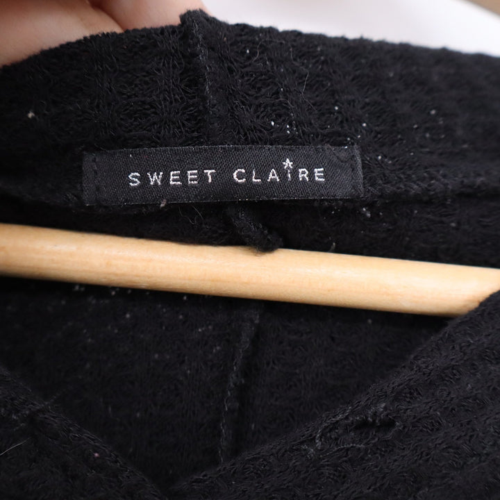 Sweet Claire Womens Black Waffle Knit Layered Hem Long Sleeve Hoodie Top L