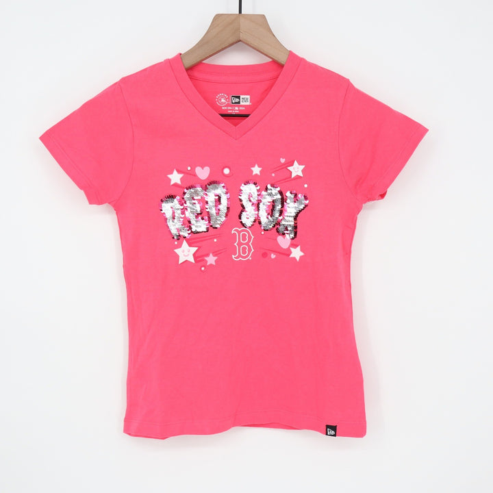 New Era Girls Boston Red Sox Pink Sequin V-Neck Graphic T-Shirt Size 7/8 NWT