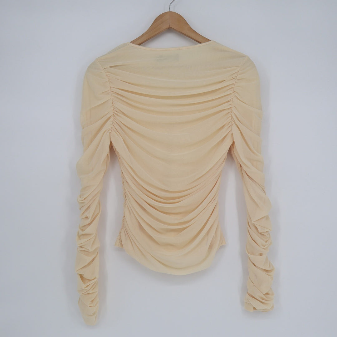 PrettyLittleThing Blouse Womens 6 Cream Stretch Ruched Detail Hook & Eye Front