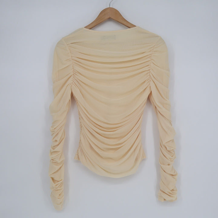 PrettyLittleThing Blouse Womens 6 Cream Stretch Ruched Detail Hook & Eye Front