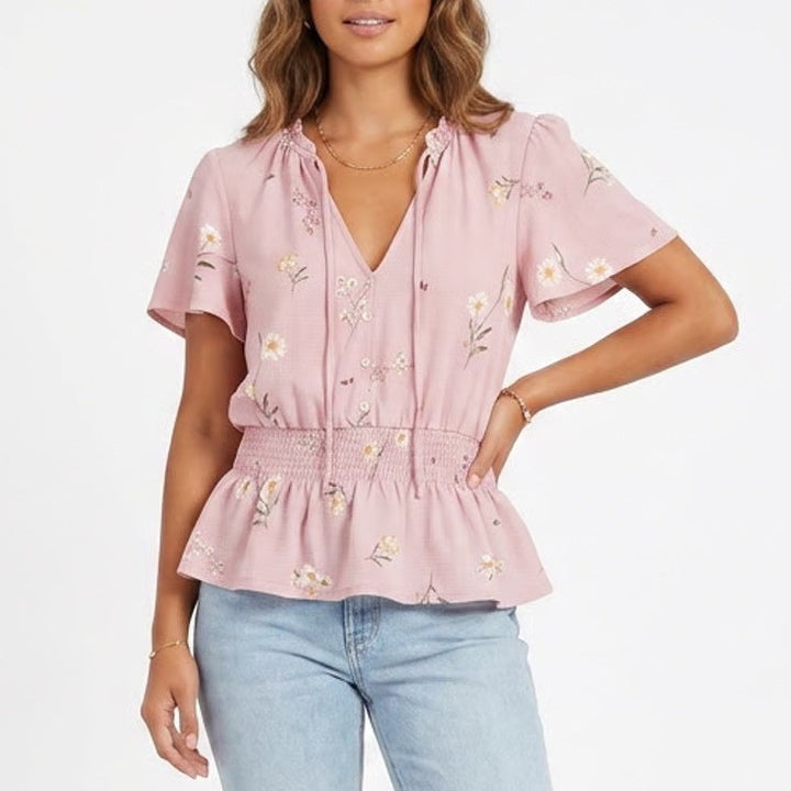 Meraki Pink Floral Smocked Peplum Top V-Neck Tie Flutter Sleeve L