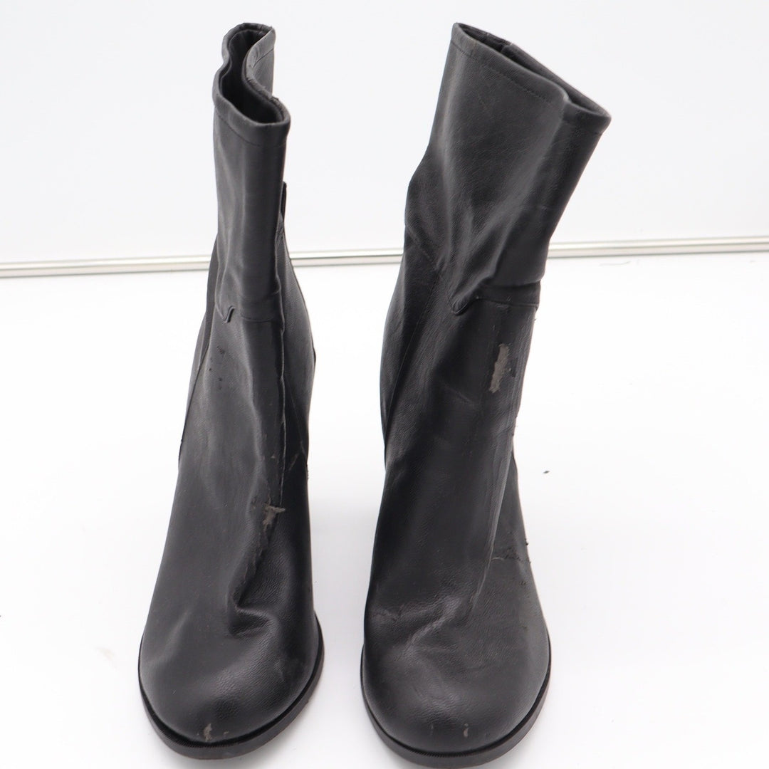Black Faux Leather Mid-Calf Block Heel Boots Round Toe Size 9 Slouchy Pull On