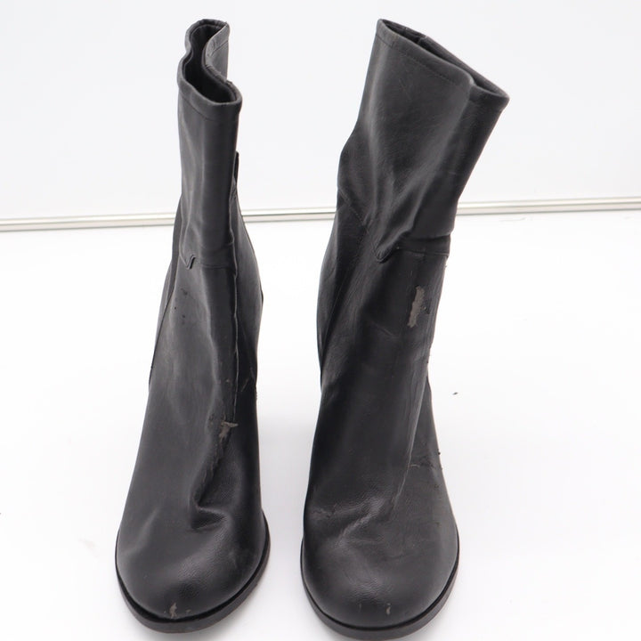 Black Faux Leather Mid-Calf Block Heel Boots Round Toe Size 9 Slouchy Pull On