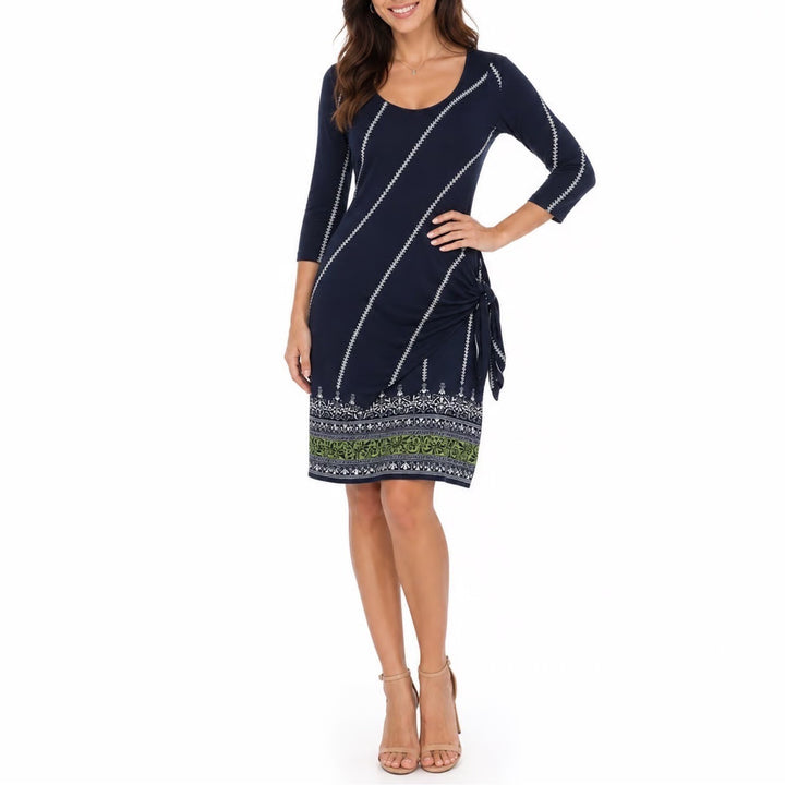 Max Studio Navy Blue Faux Wrap Dress 3/4 Sleeve Border Print S