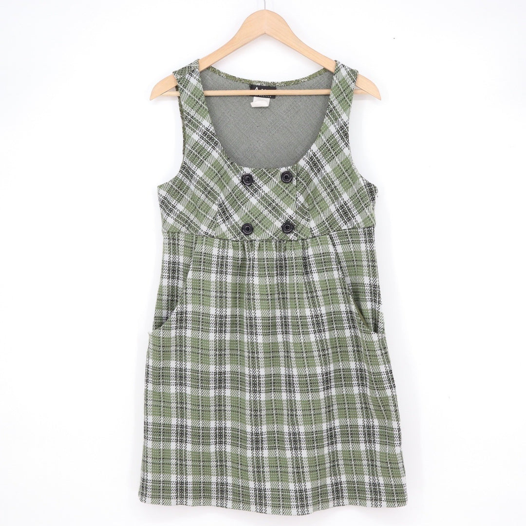 A-List by Wrapper Green Plaid Pinafore Mini Dress XL Sleeveless Jumper Pockets