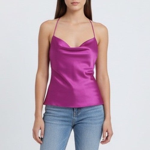 Pretty Garbage Purple Satin Side Slit Cowl Neck Cami Top Size L