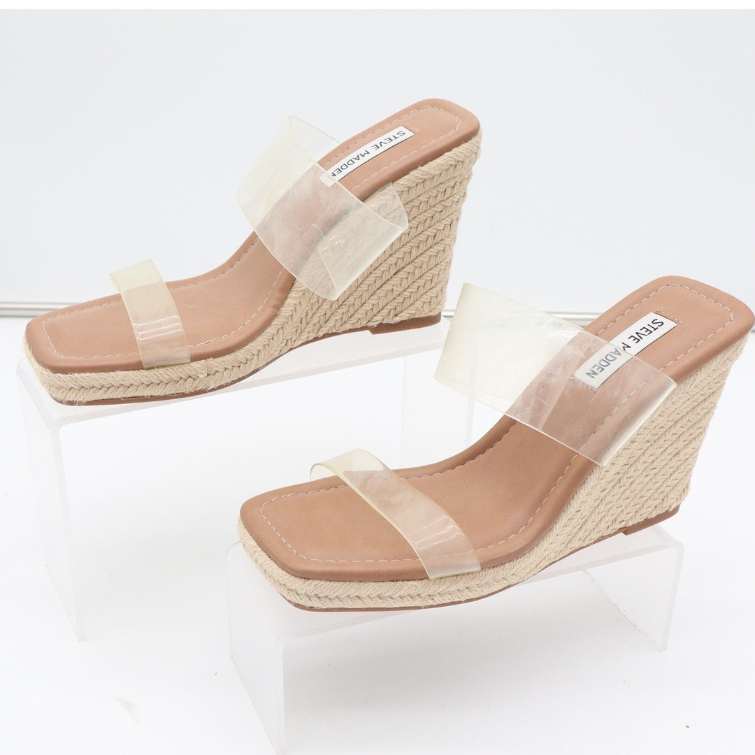 Steve Madden Mackie Clear Double Strap Espadrille Wedge Sandals Tan Size 9 M