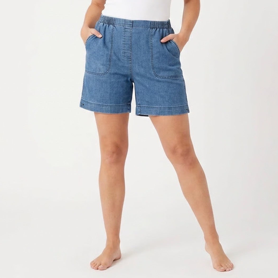 Alia Petite Blue Denim Elastic Waist Shorts Womens Size 12P Medium Wash Stretch