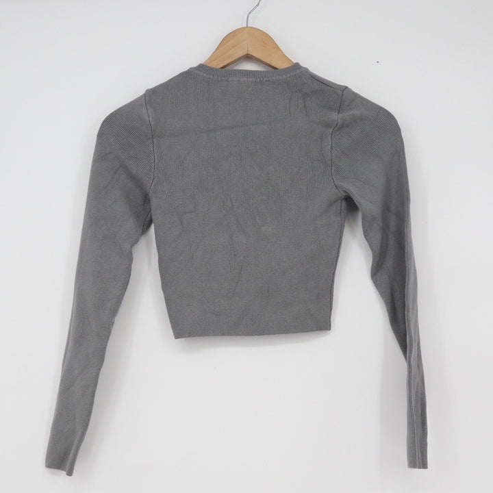 Zara Grey Ribbed Knit Long Sleeve Cropped Top Crew Neck Size S