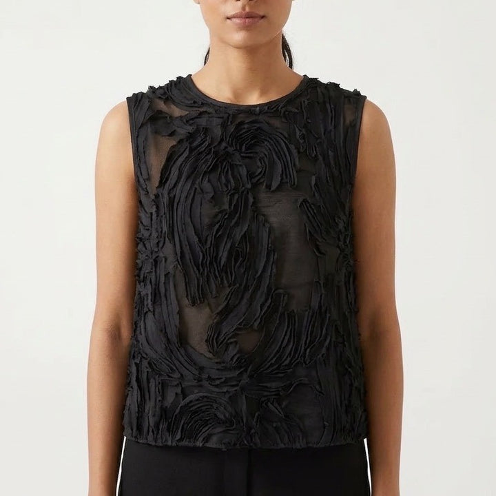 Shein Blouse Top Womens Medium Black Mesh Ruffle Detail Widw Strap Crew Neck