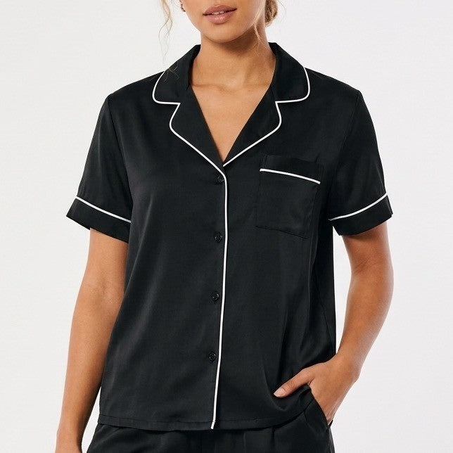 I.N.C International Concepts Intimates Pajama Shirt Womens M Black Notch Collar