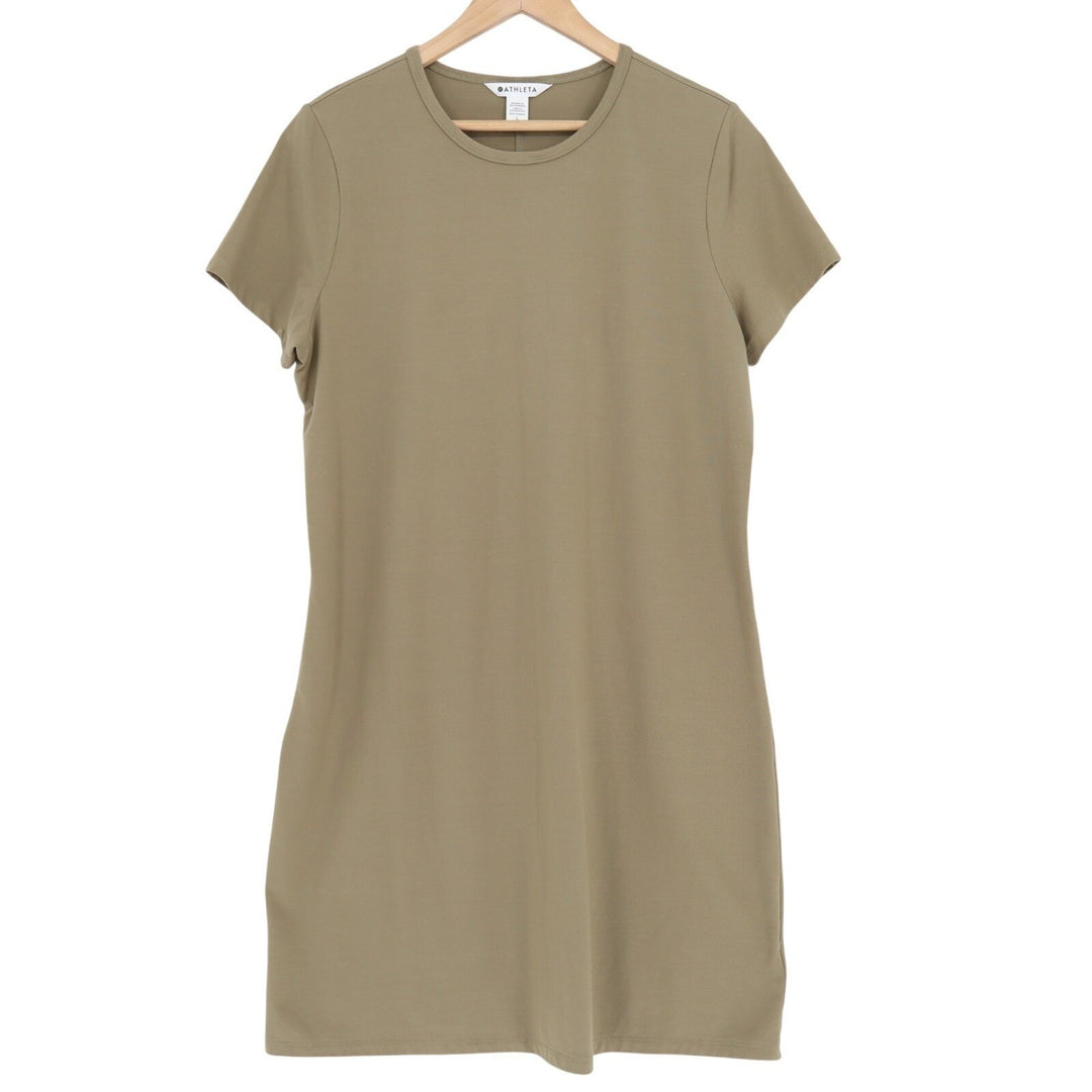 Athleta T-Shirt Dress Women Large Olive Green Crew Neck Short Sleeve Pullover