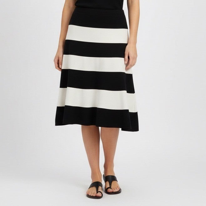 Spense Black White Stripe Midi Skirt Size L Elastic Waist Flared Skirt