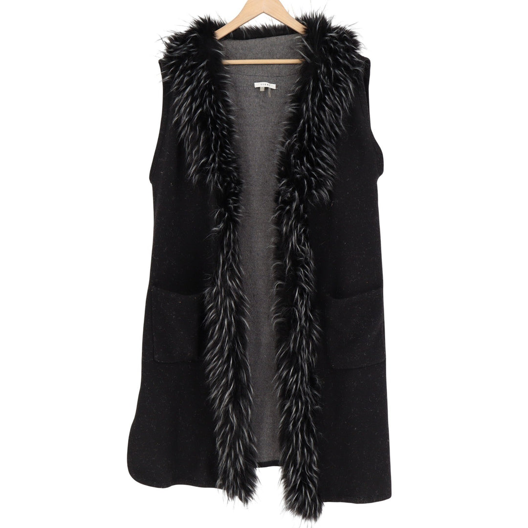 Sioni Black Faux Fur Trim Long Sweater Vest Duster L/XL