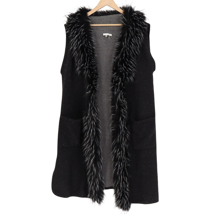 Sioni Black Faux Fur Trim Long Sweater Vest Duster L/XL