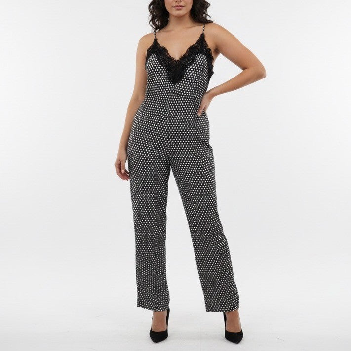 MARGOT JOSEPH Black White Polka Dot Lace Trim Jumpsuit Wide Leg L