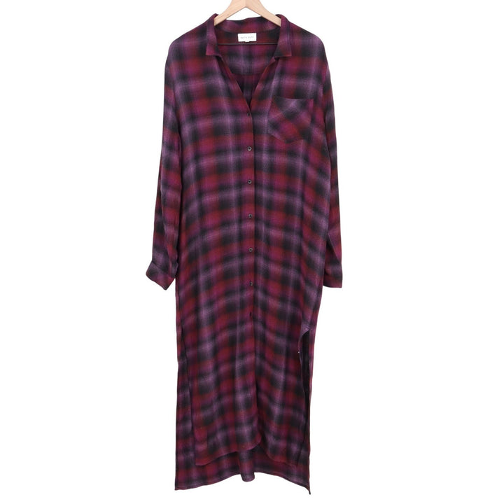 Bella Dahl Shirt Duster Dress Womens L Multi Plaid Roll Tab Sleeve Spread Collar