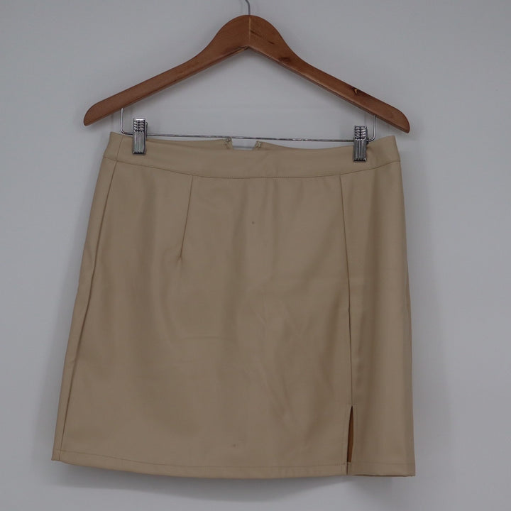 Entro Milly Faux Leather Mini Skirt Ecru Beige High Waist Slit L