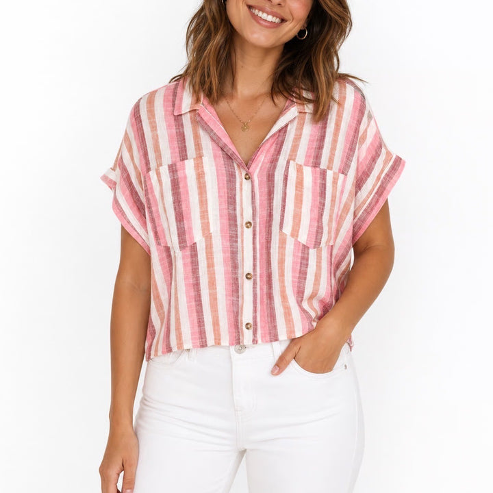 Francesca's mi ami Pink Striped Linen Blend Button Up Shirt Womens L