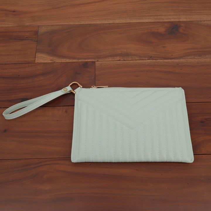 A New Day Mint Green Quilted Chevron Wristlet Clutch Zip Pouch Bag Gold Tone