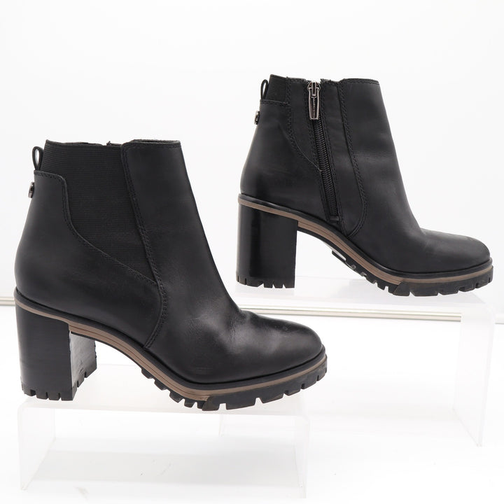 Vince Camuto Black Leather Lug Sole Block Heel Ankle Boots Size 6.5 NFS4153