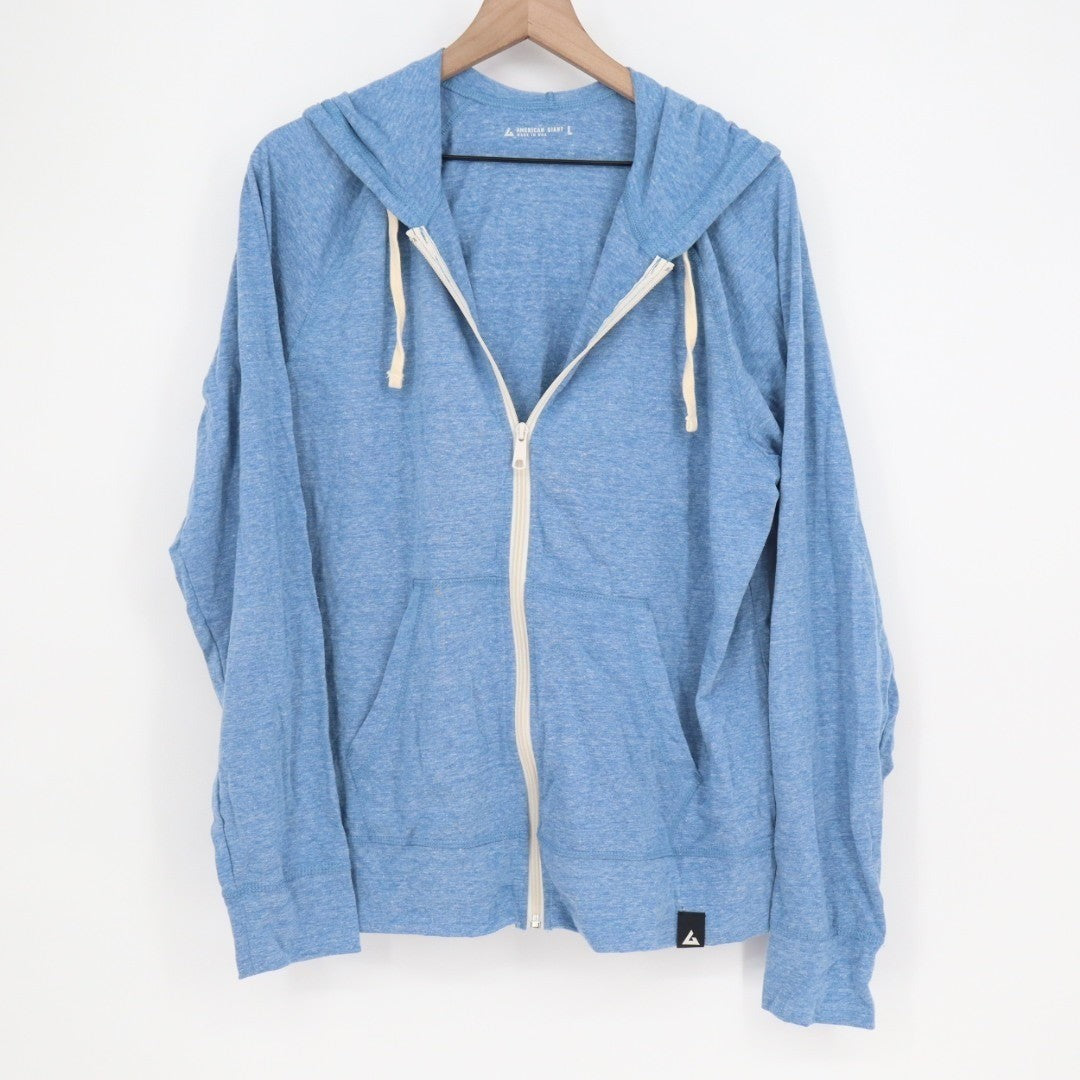 American Giant Lightweight Full Zip Hoodie Women L Heather Blue Tri Blend Jersey