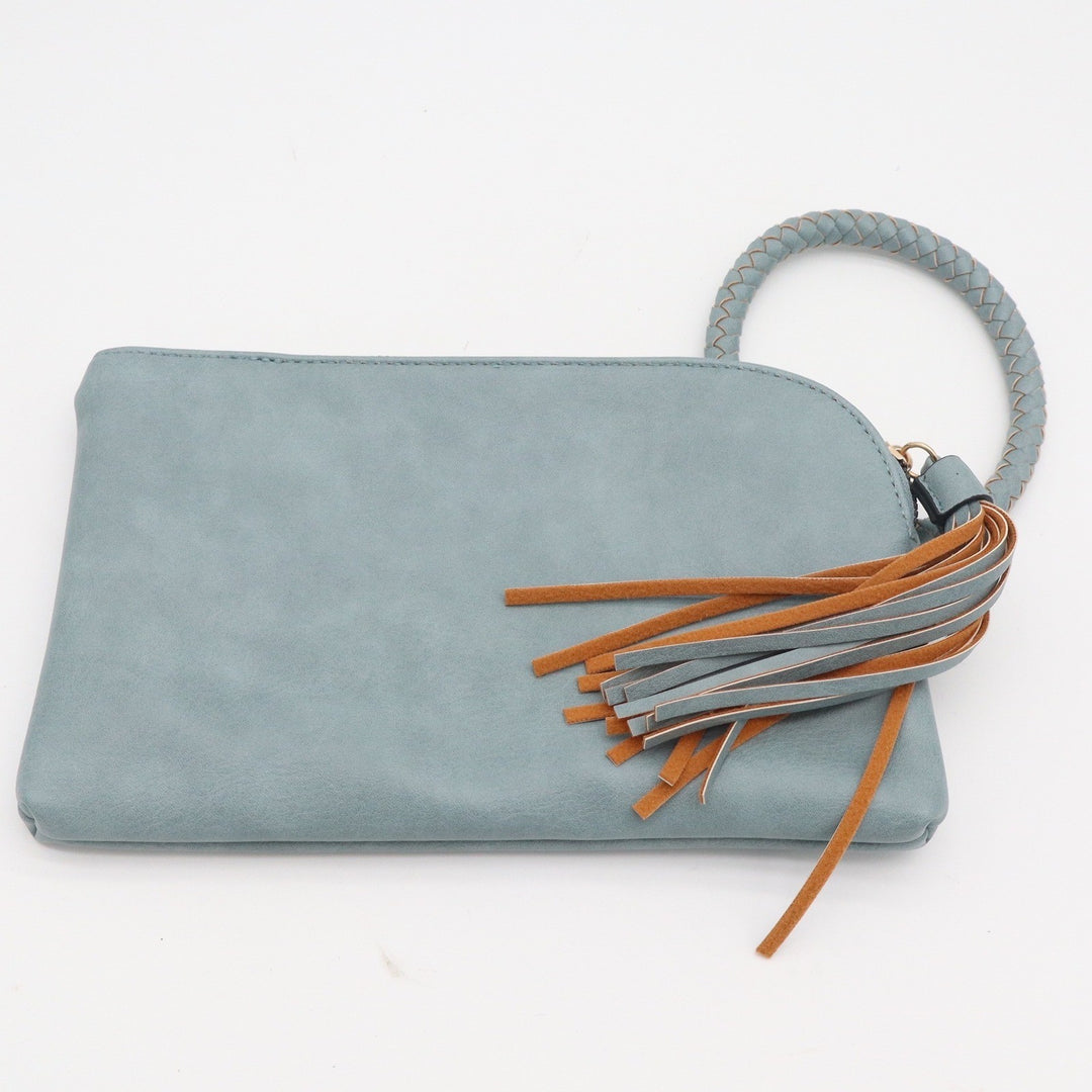 Dusty Blue Faux Leather Wristlet Clutch Braided O-Ring Handle Tassel